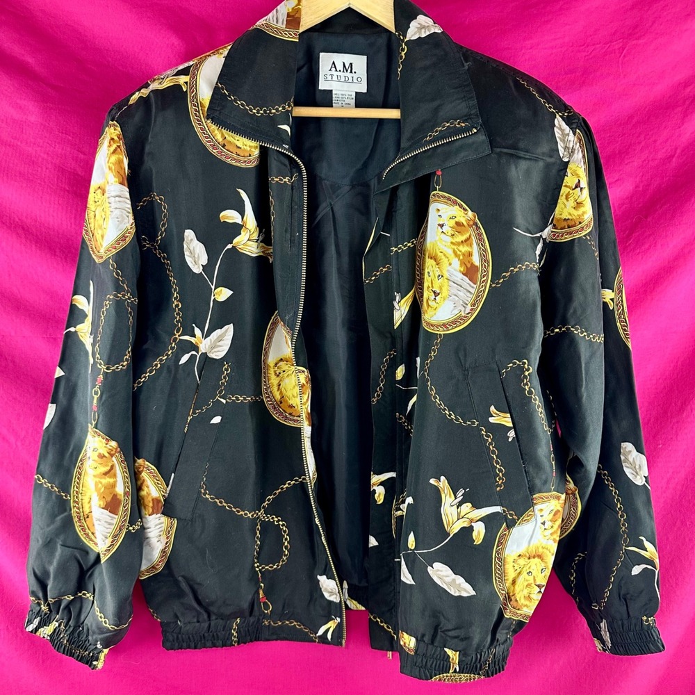 Vintage Silk Lion Print Bomber Jacket 90s Baroque Chain Windbreaker Medium - Picture 14 of 17